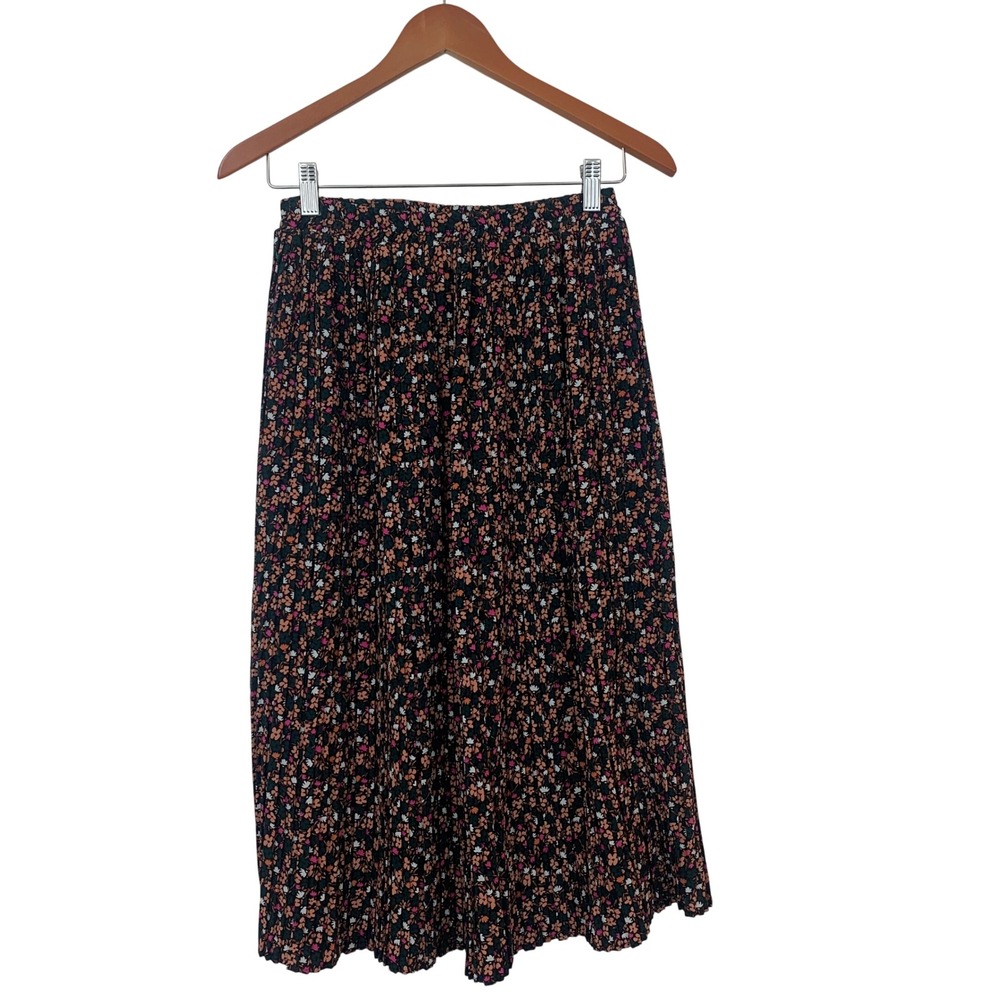 Trendyol Floral Pleated Midi Skirt Green Pink Ditsy Print Elastic Waist Size 34